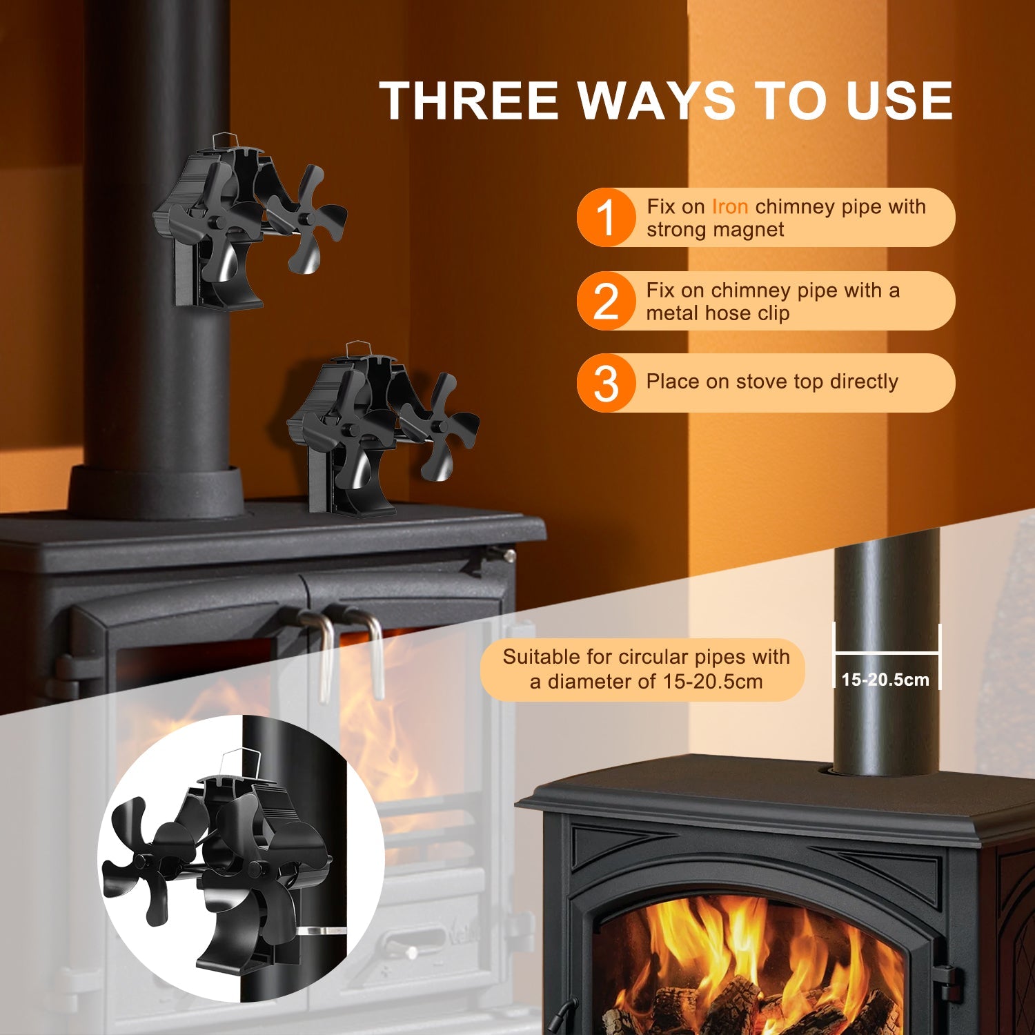 VODA Magnetic Wood stove Fan 3-in-1 without Power for Firewood/Fireplace/Stove Pipe VODA SHOP